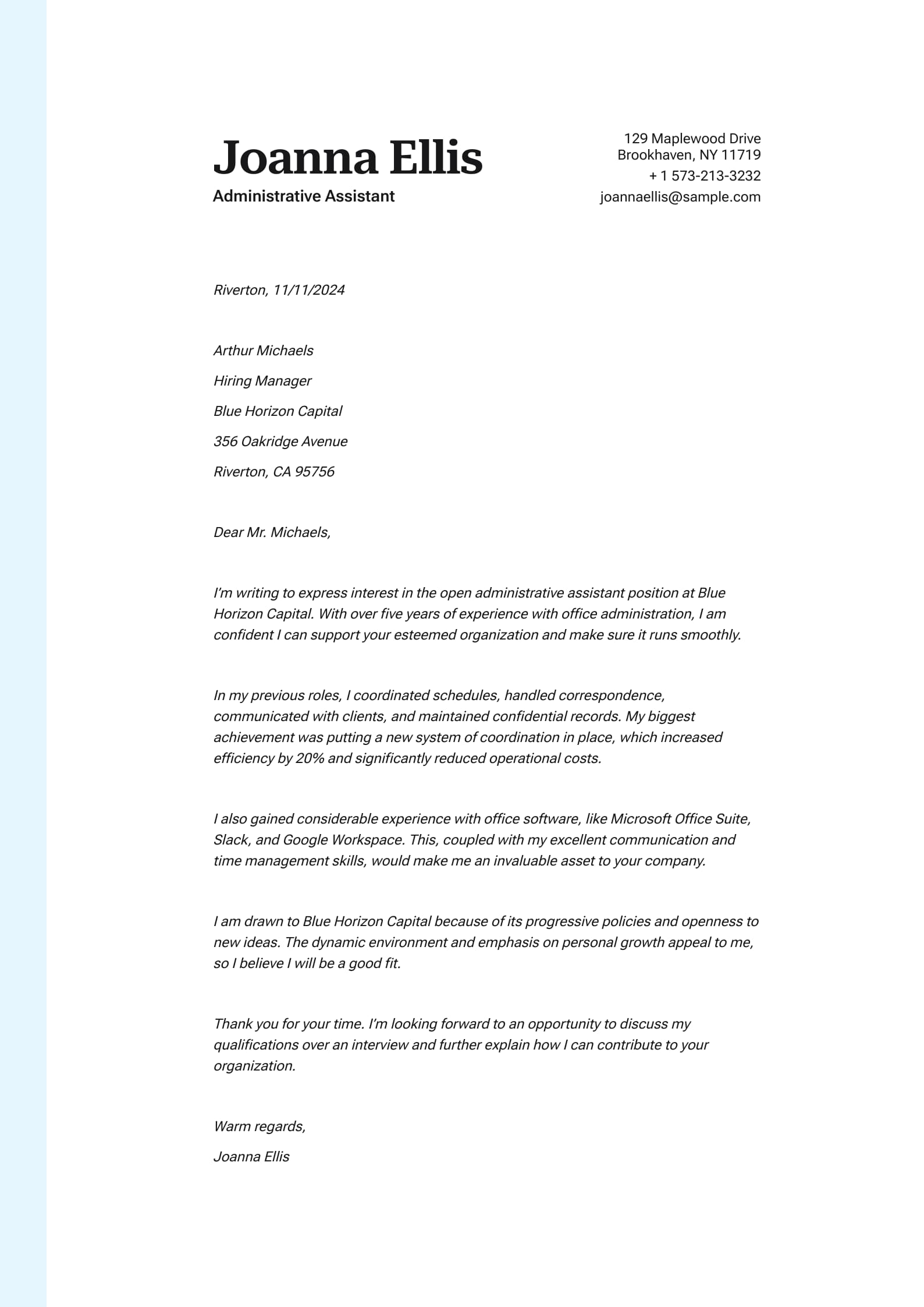 #4. Application Letter Sample for Administrative Positions