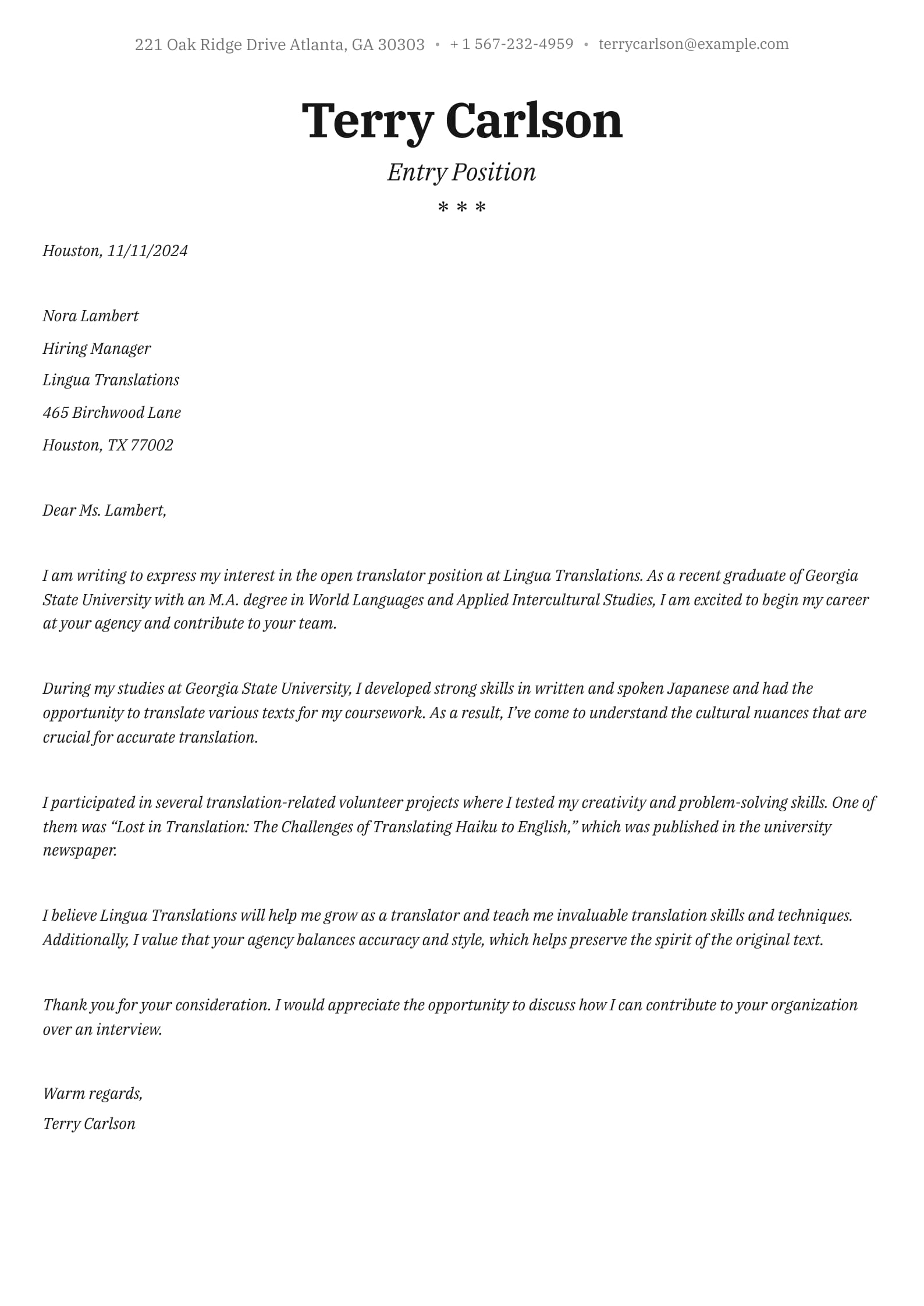 #8. Application Letter Sample for Entry Positions