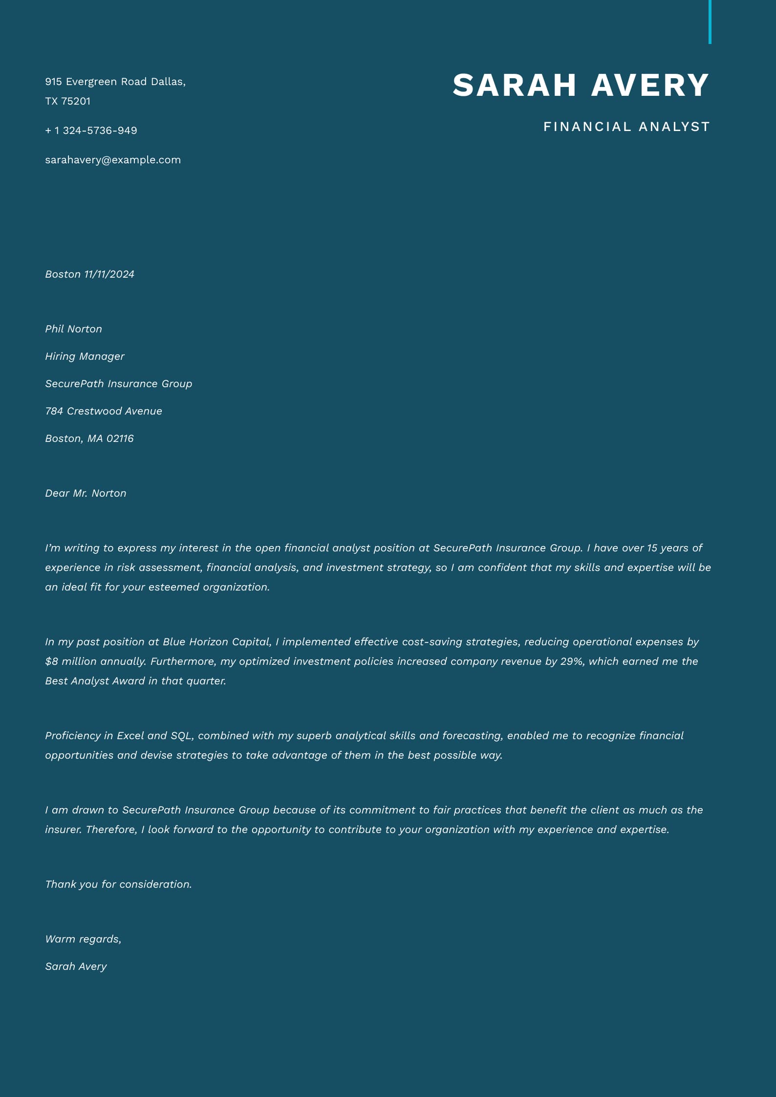 #3. Application Letter Sample for Finance Positions