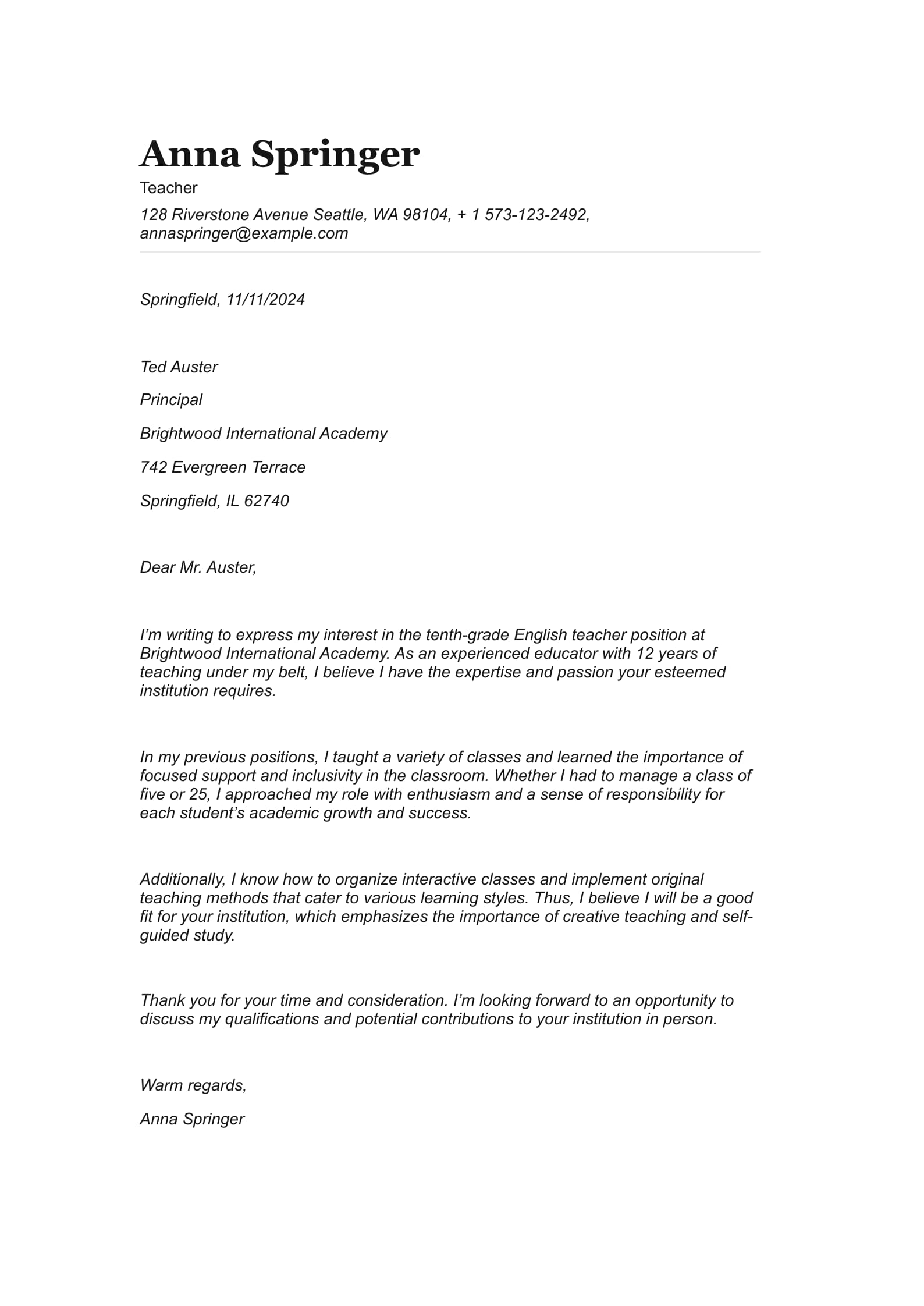 #7. Application Letter Sample for Teachers