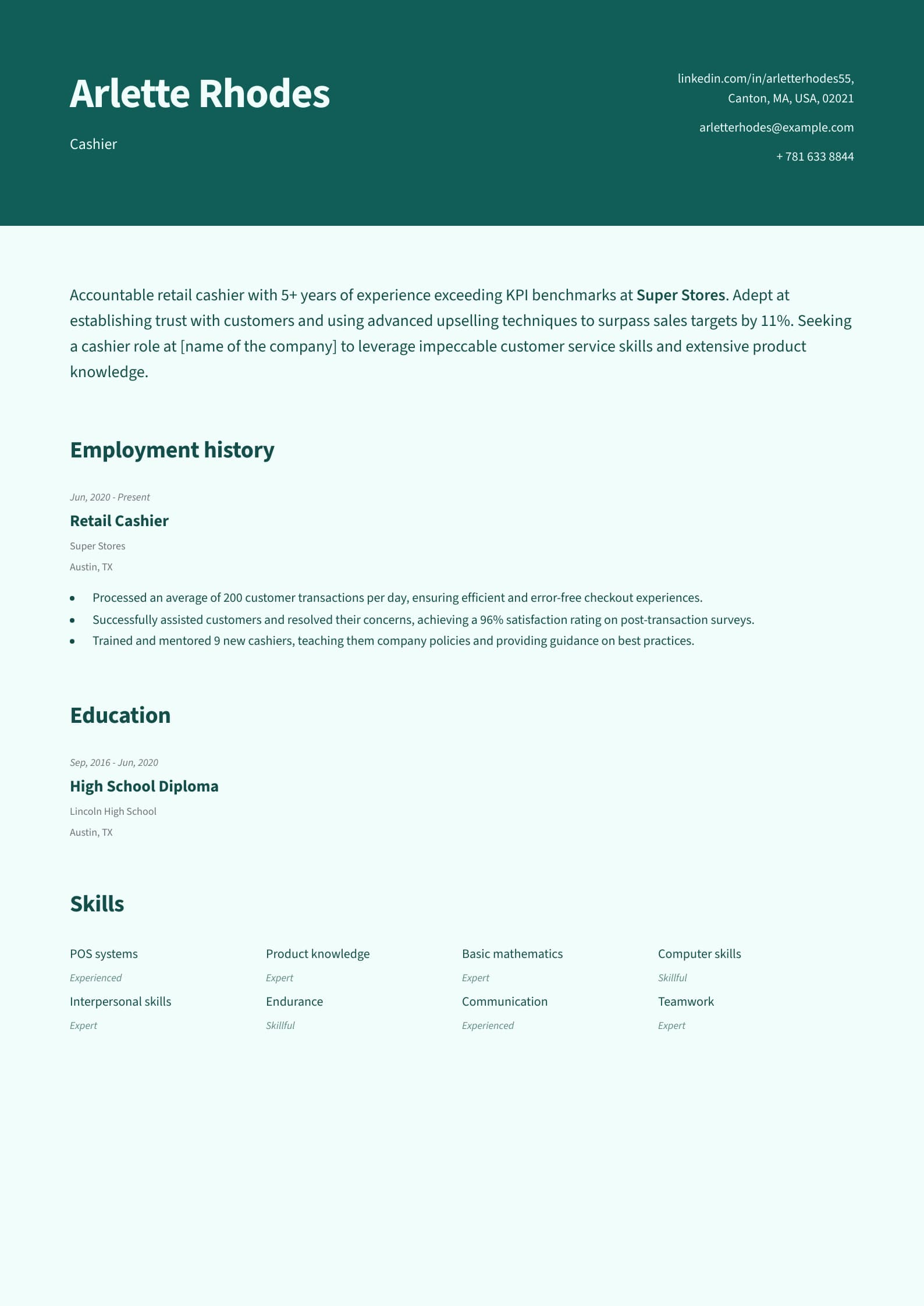 Cashier Resume Example