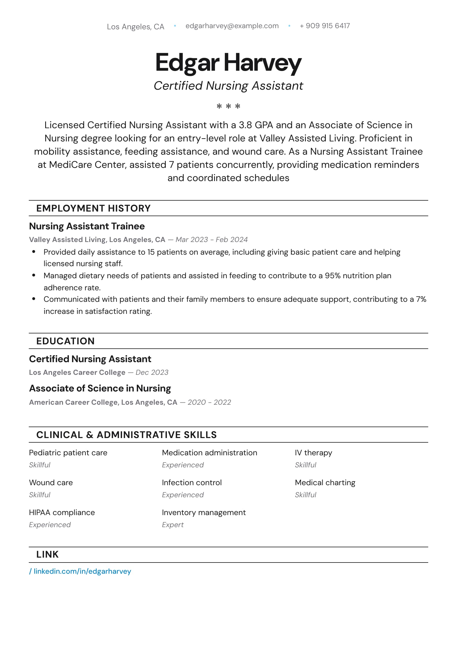 Certified Nursing Assistant Resume