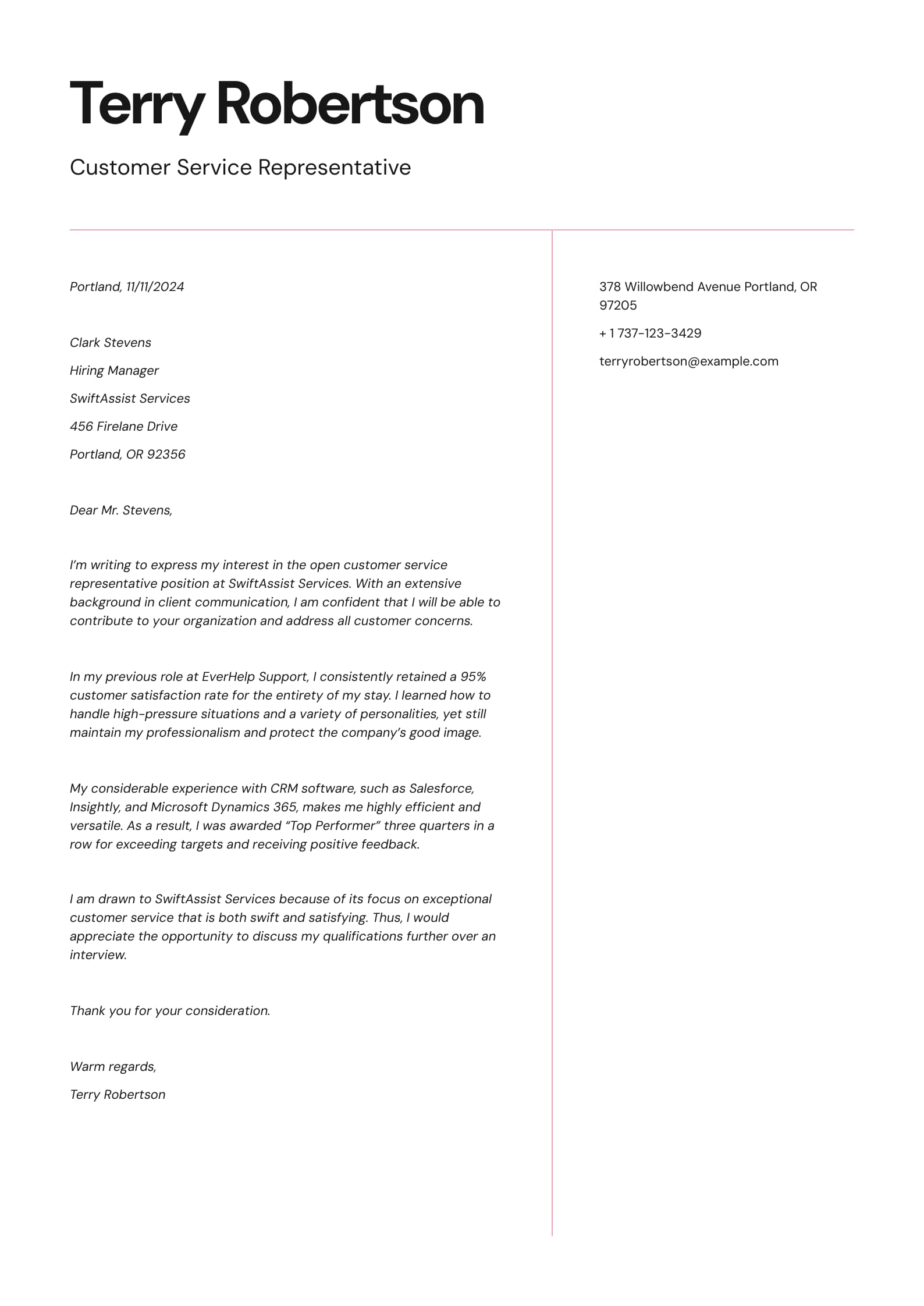 #5. Application Letter Sample for Customer Service Positions