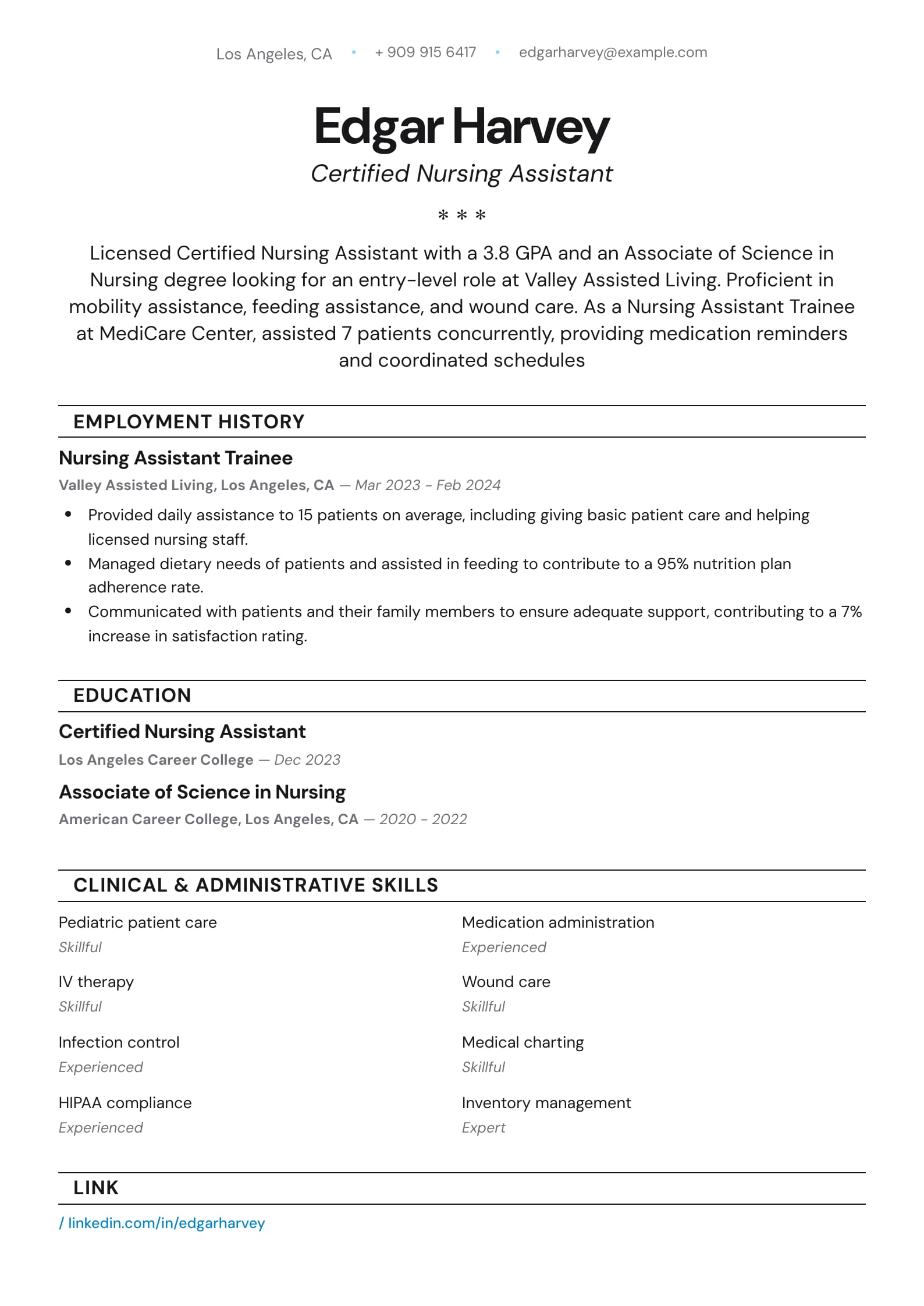 Certified Nursing Assistant Resume