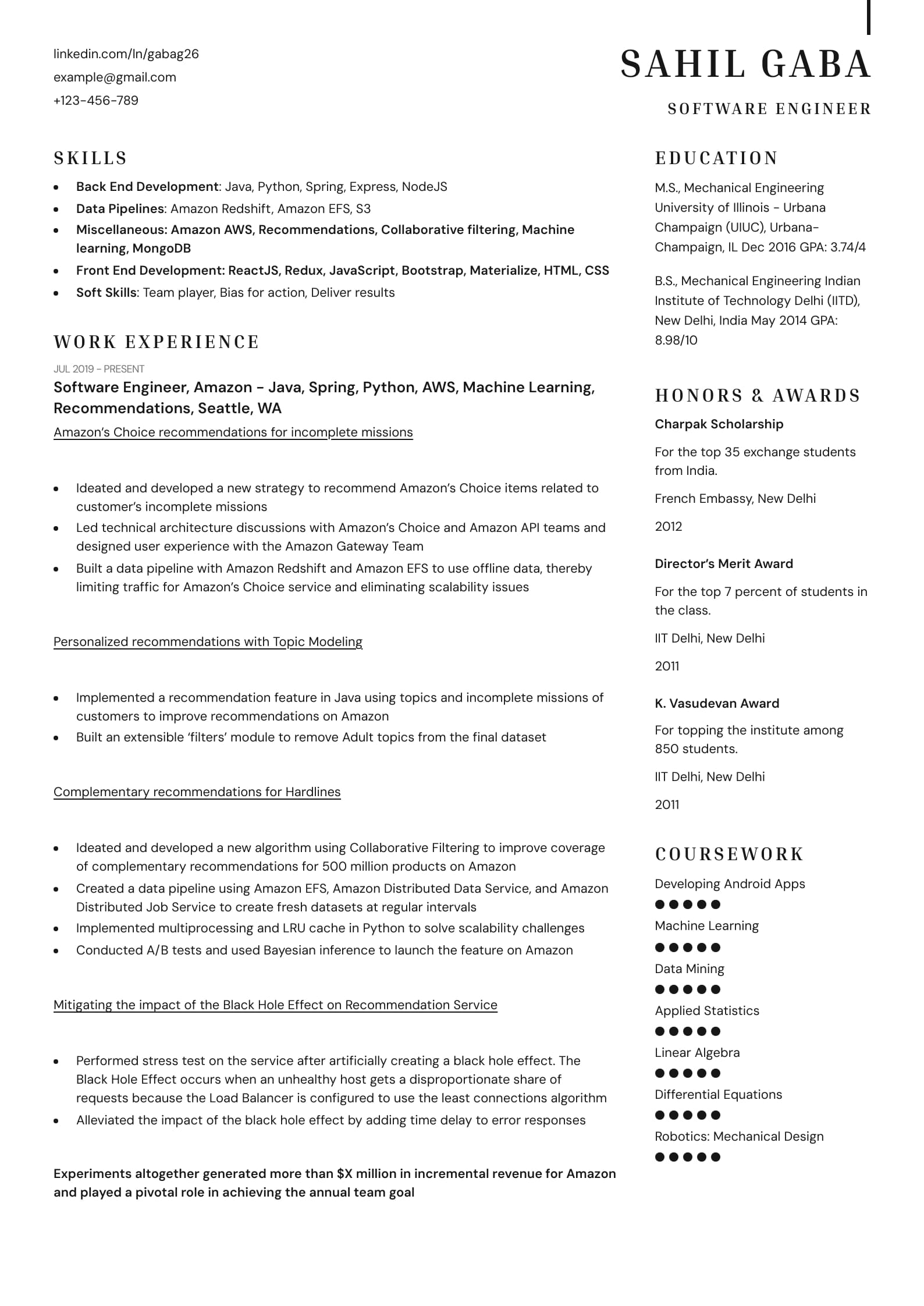 Sahil Gaba’s Google Software Engineer Resume