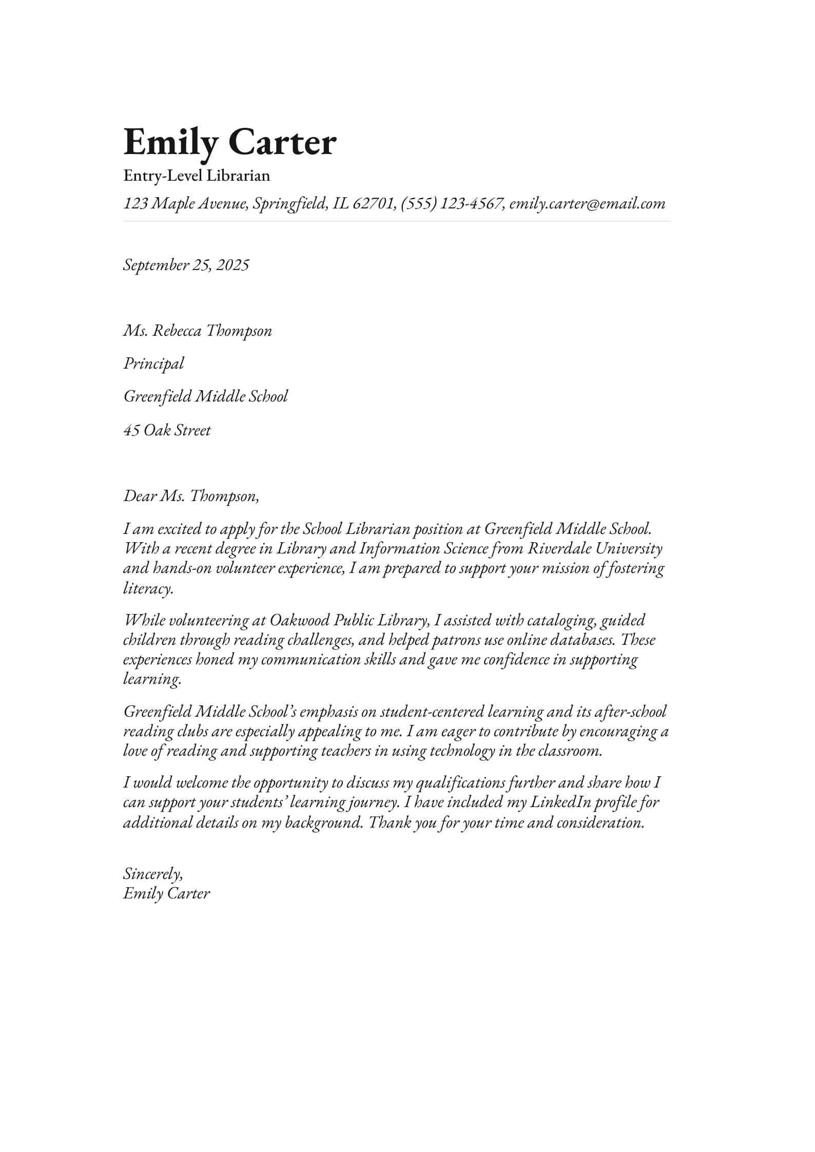 Entry-Level Librarian Cover Letter Example
