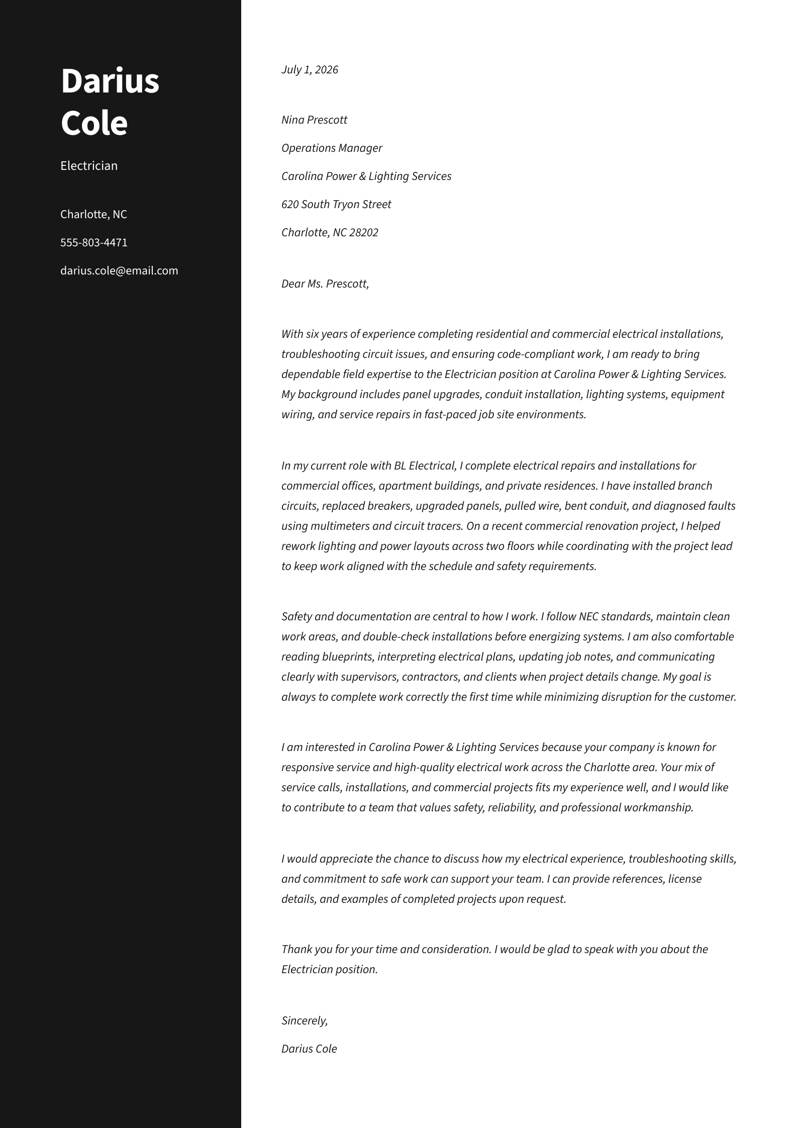 #2. Experienced Electrician Cover Letter Example 