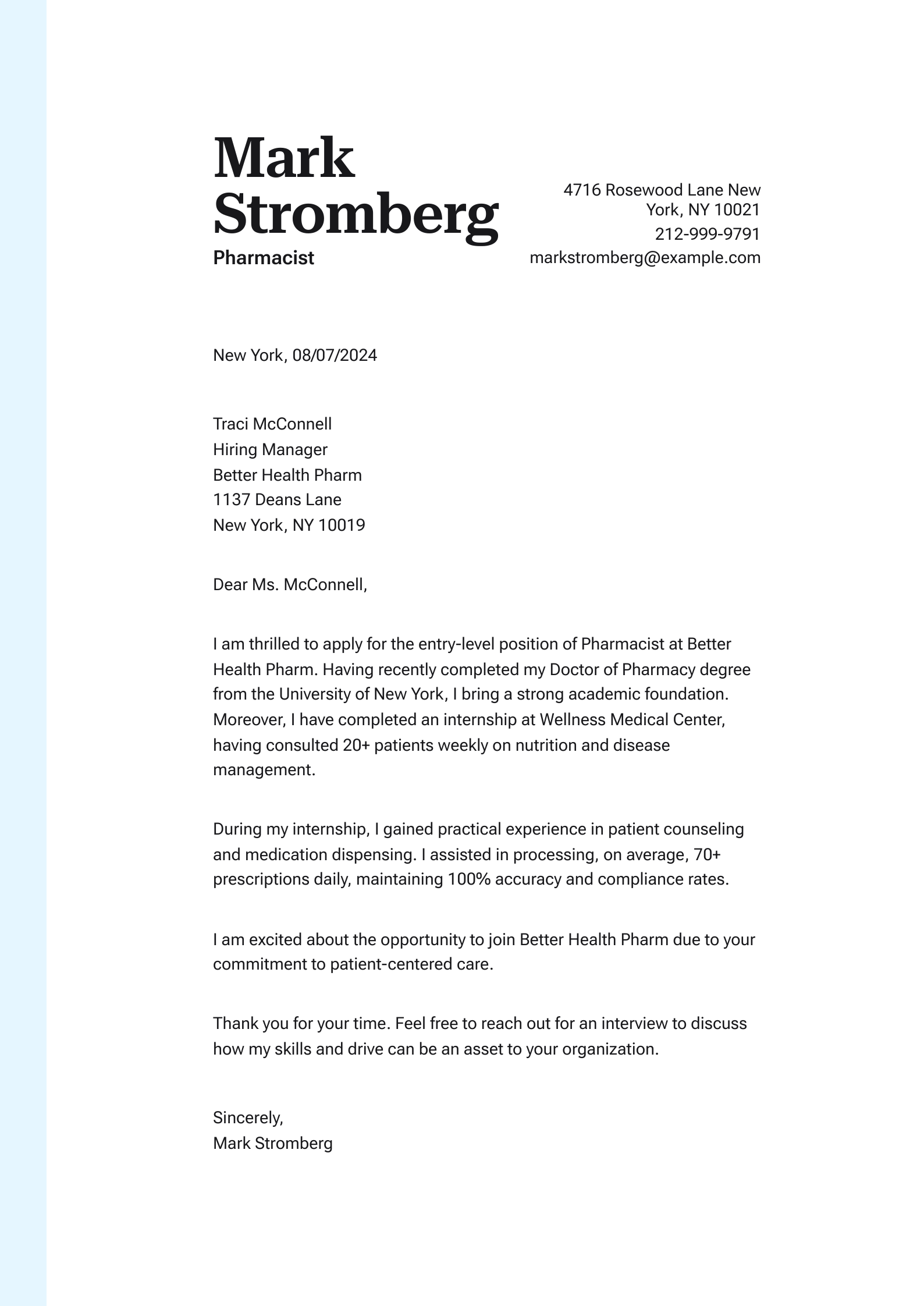 Pharmacist Cover Letter Without Experience