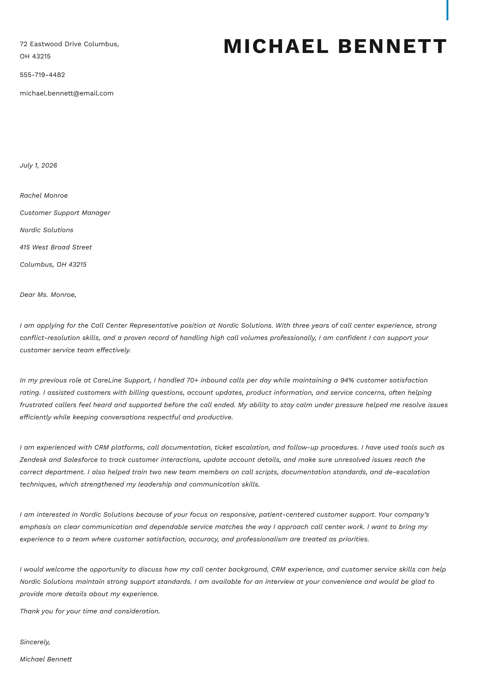 #2. Experienced Call Center Cover Letter Example  