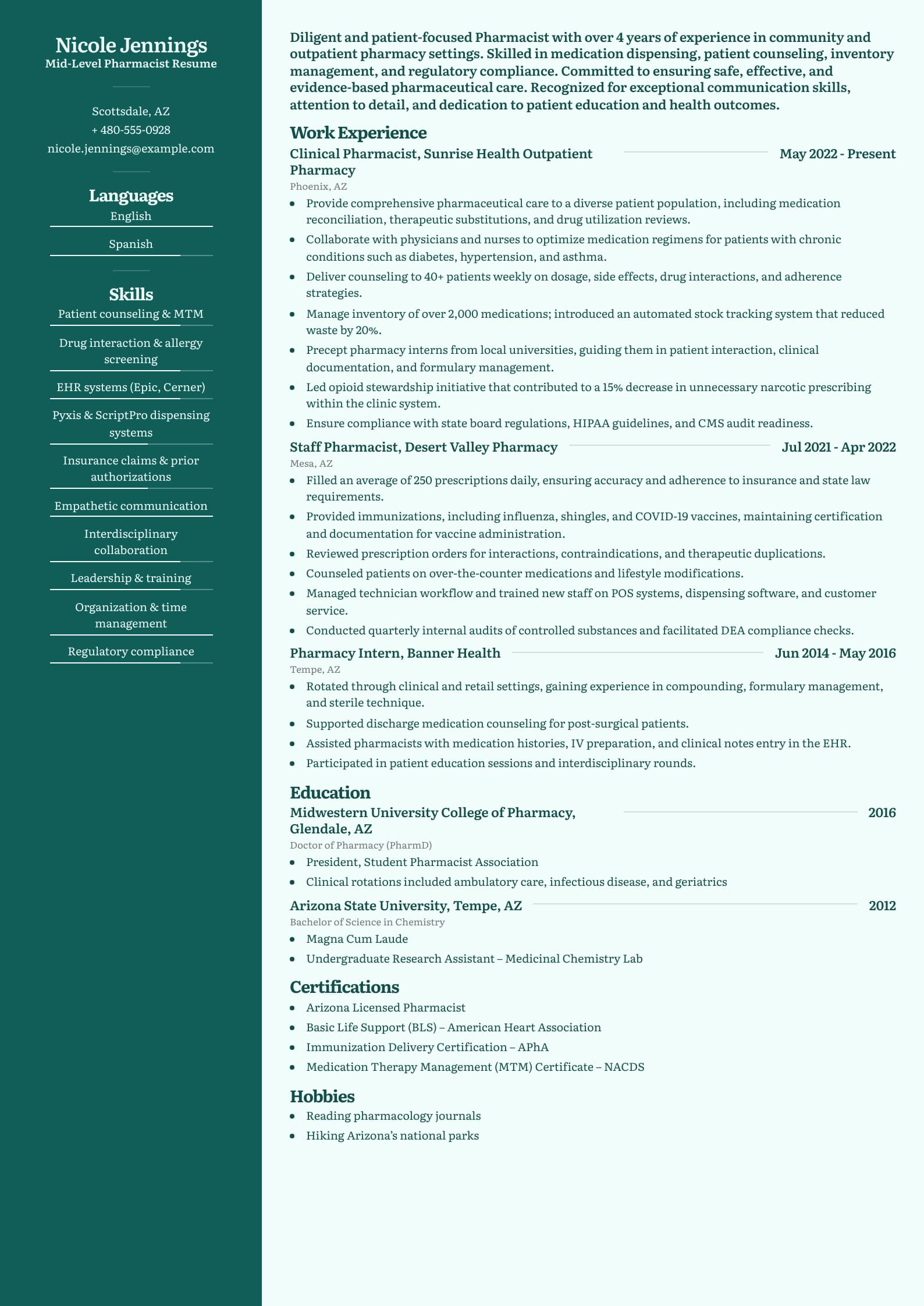 Mid-Level Pharmacist Resume