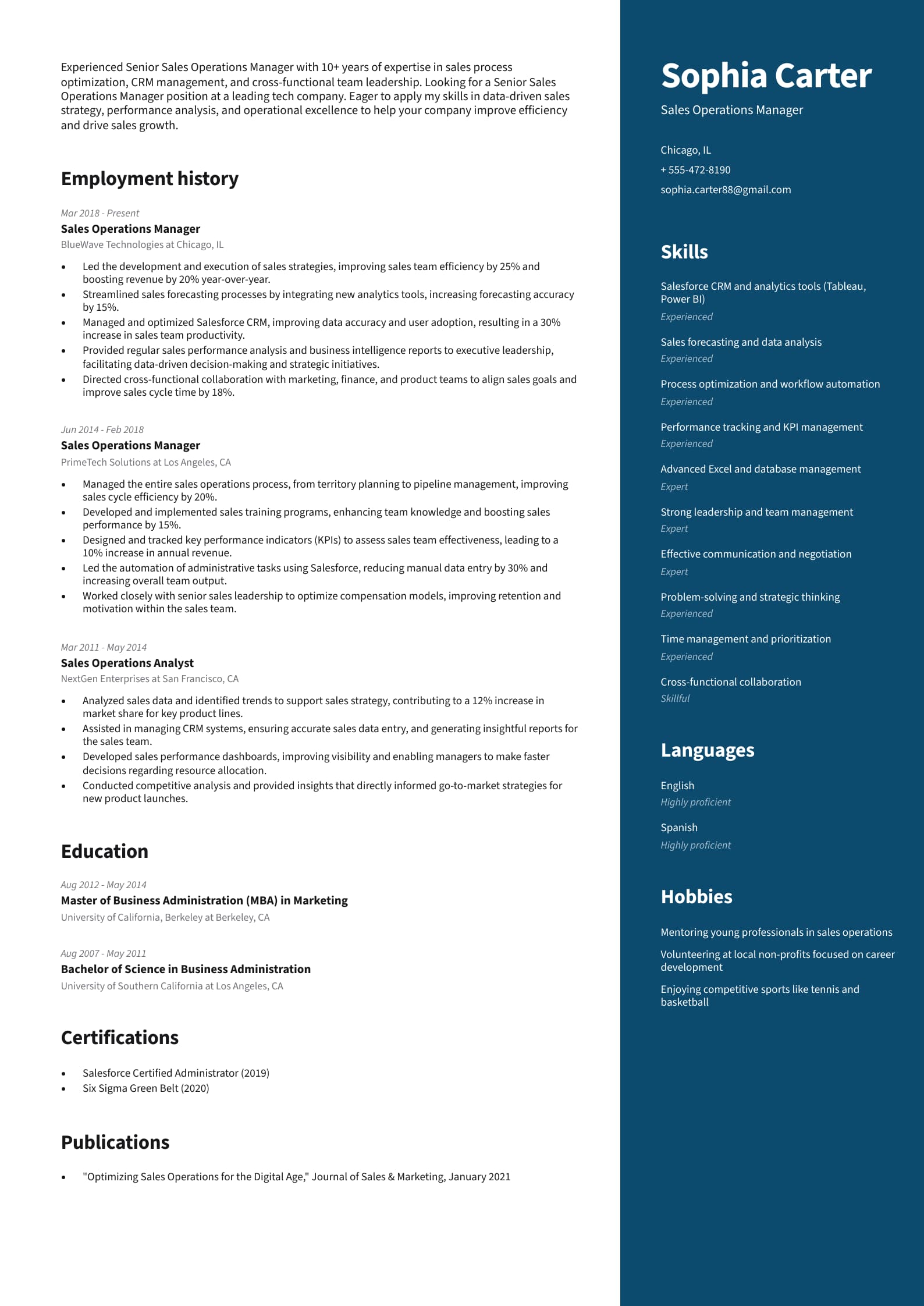 Sales Operations Manager Resume