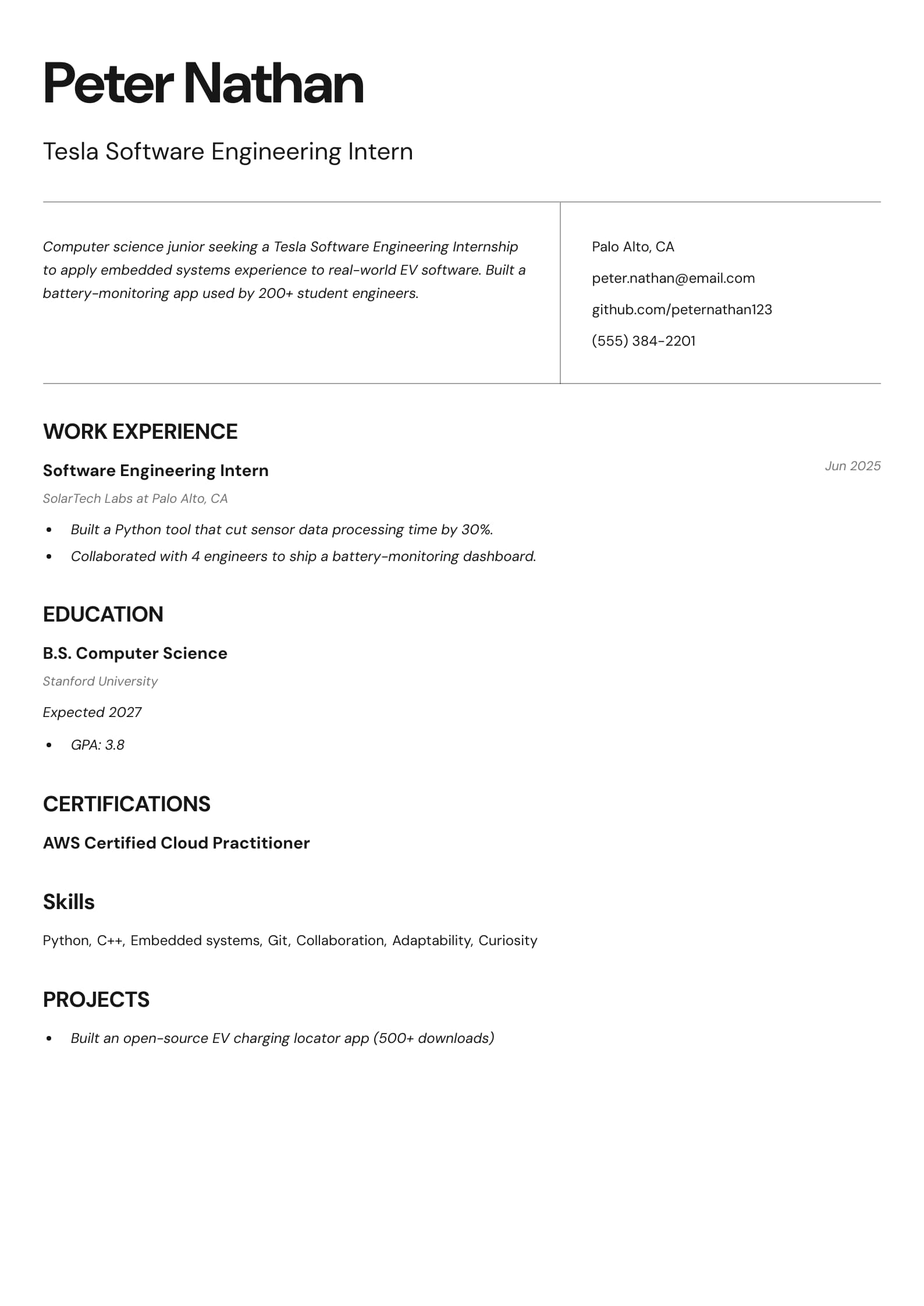 #2. Tesla Software Engineering Intern Resume Example